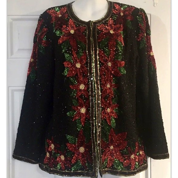 Laurence Kazar Sequin Beaded Embellished Christmas Poinsettia Cardigan Jacket L - Picture 7 of 8